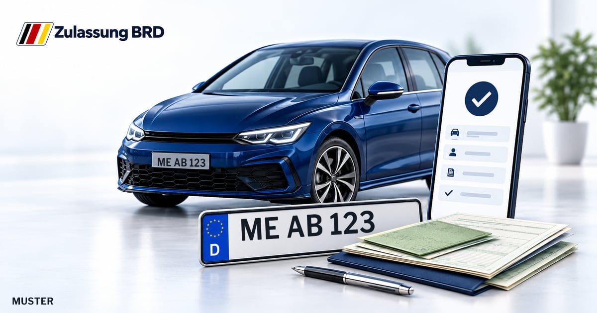 Online Fahrzeugzulassung in Hilden: Musterkennzeichen ME AB 123, Auto und Fahrzeugpapiere und Smartphone. Illustration mit Logo von Zulassung BRD.